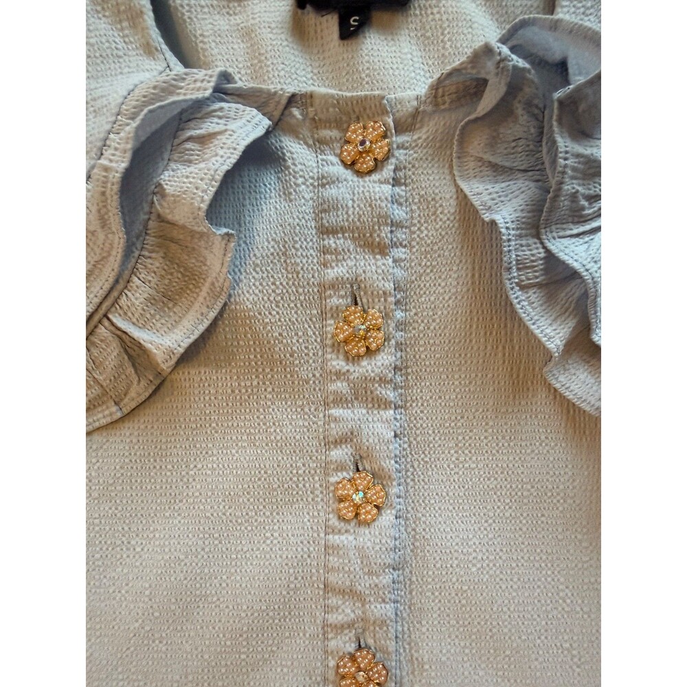 Sister Jane Women's Puritan Collar Blouse Ruffles Rhinestone Floral Buttons - Picture 4 of 15